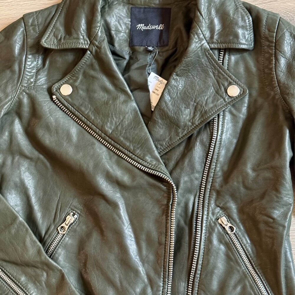 Madewell Washed Leather Motorcycle Jacket Dark Forest Green - Picture 4 of 4